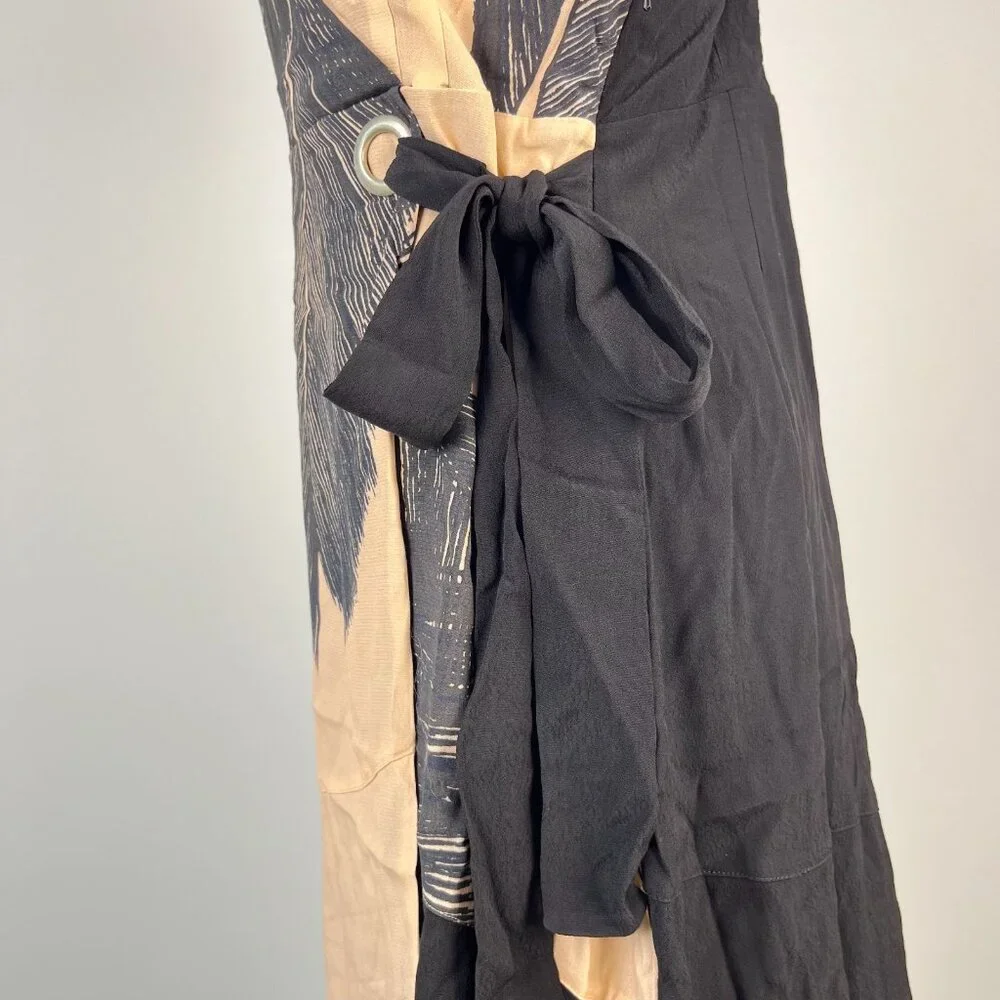 NWT Mint Velvet Beige / Peach Black Feather Pencil Midi TIE Dress US 4 UK 8 - Picture 6 of 13